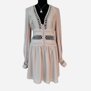 FREE PEOPLE ~ Cream Long Sleeve Lined Cutout Dress size 6